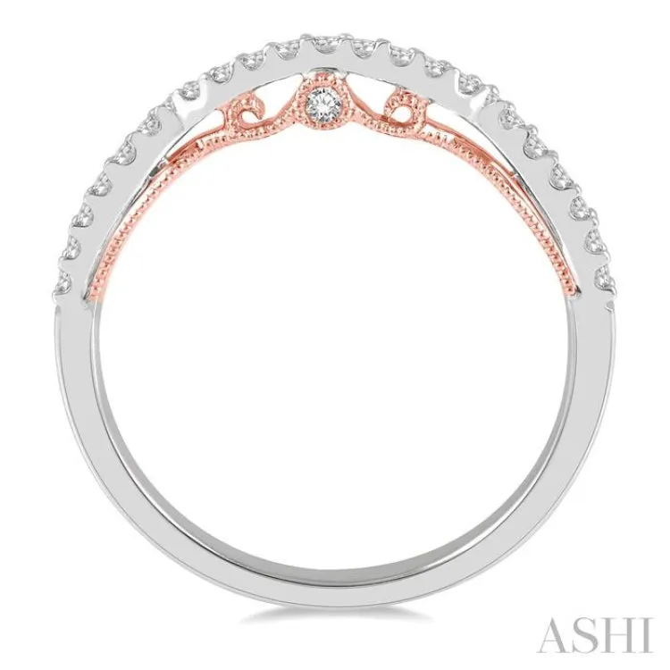 1/5 ctw Boat Shape Center Round Cut Diamond Wedding Band in 14K White and Rose Gold