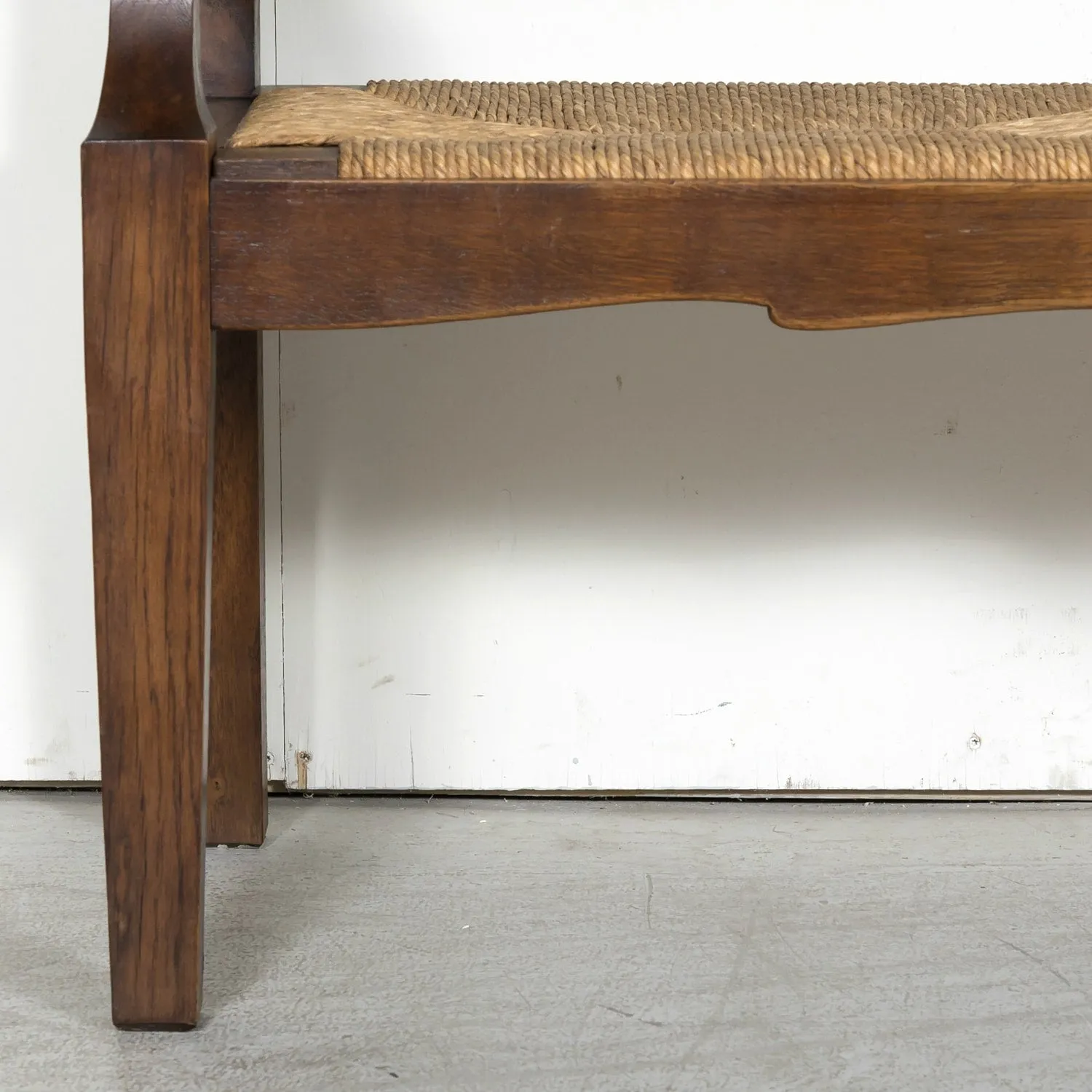 19th Century French Country Carved Oak Radassier or Hall Bench with Rush Seat