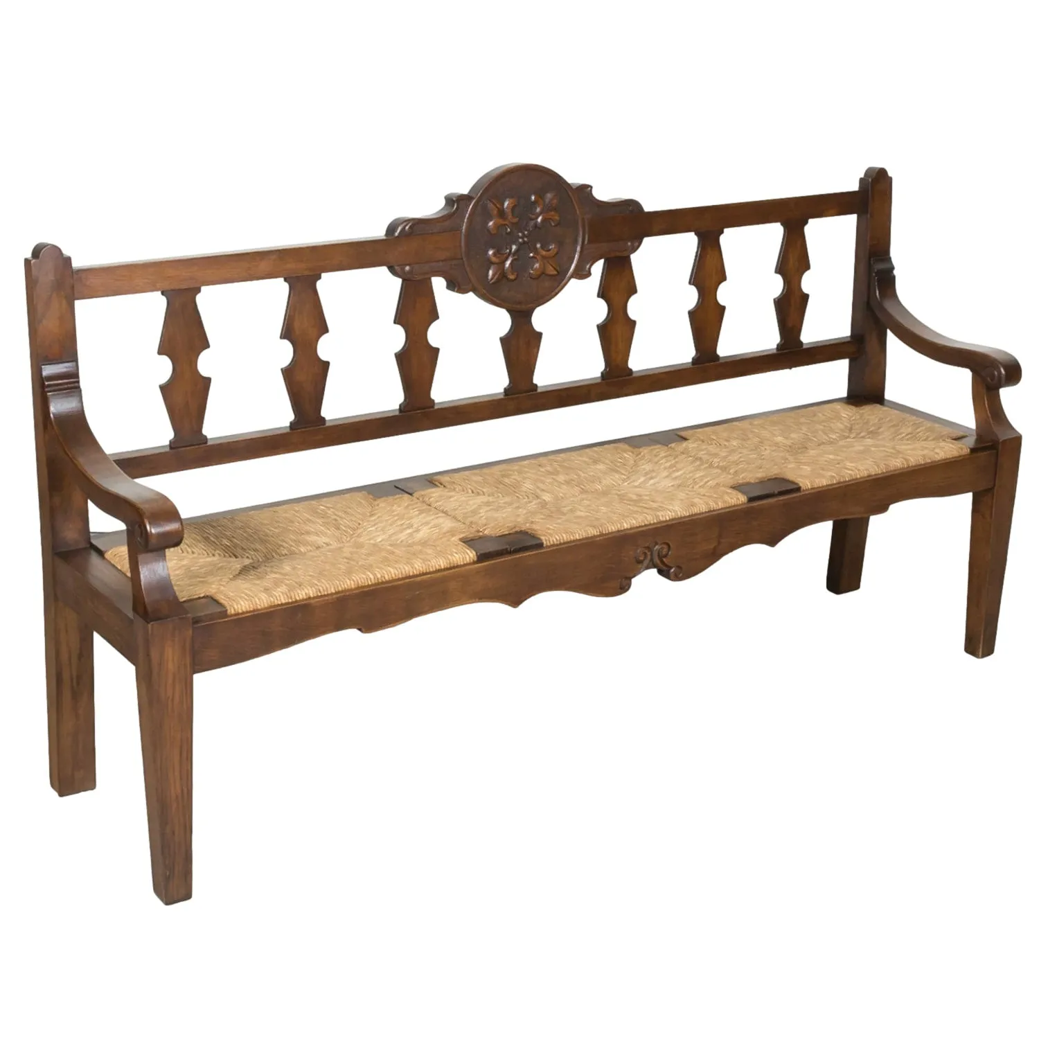 19th Century French Country Carved Oak Radassier or Hall Bench with Rush Seat