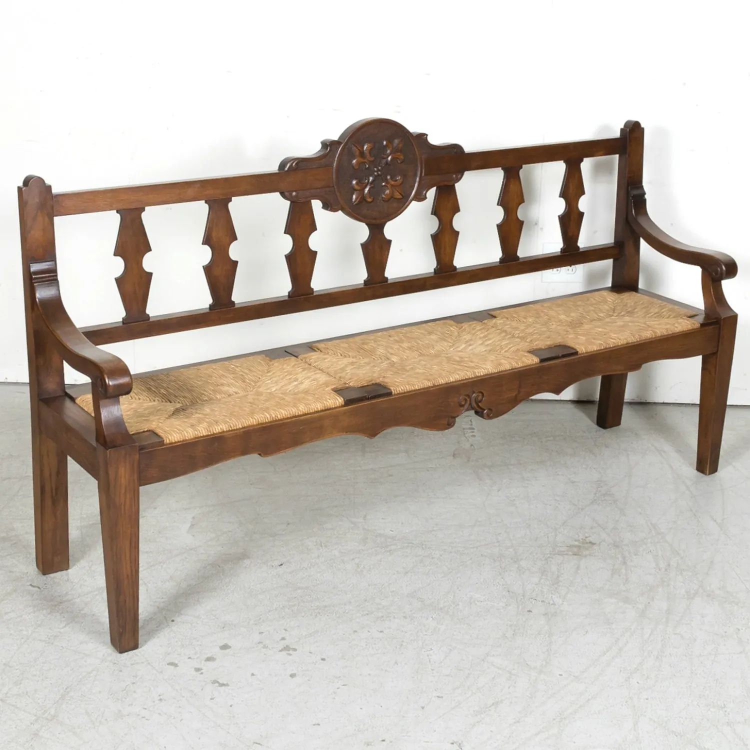 19th Century French Country Carved Oak Radassier or Hall Bench with Rush Seat