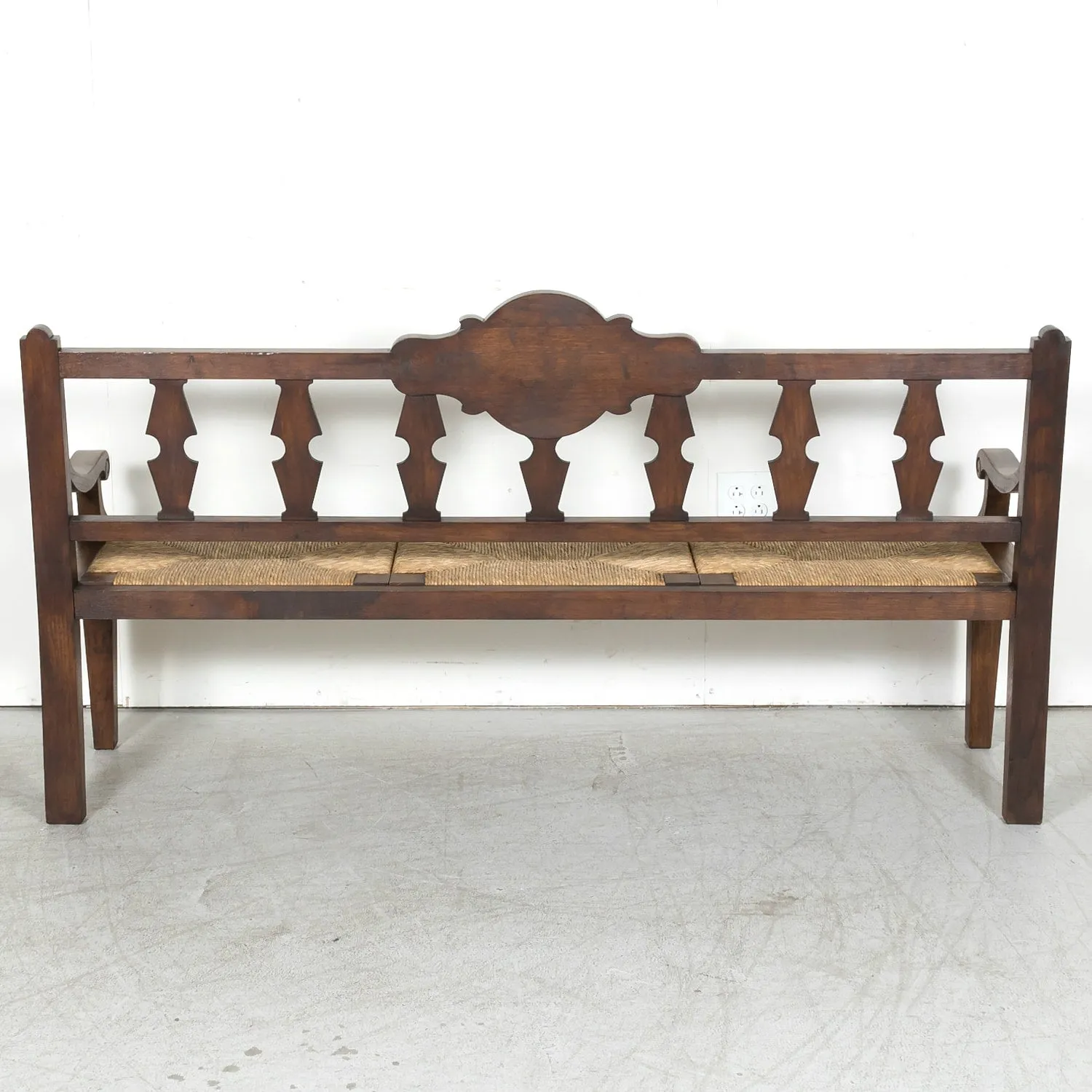 19th Century French Country Carved Oak Radassier or Hall Bench with Rush Seat