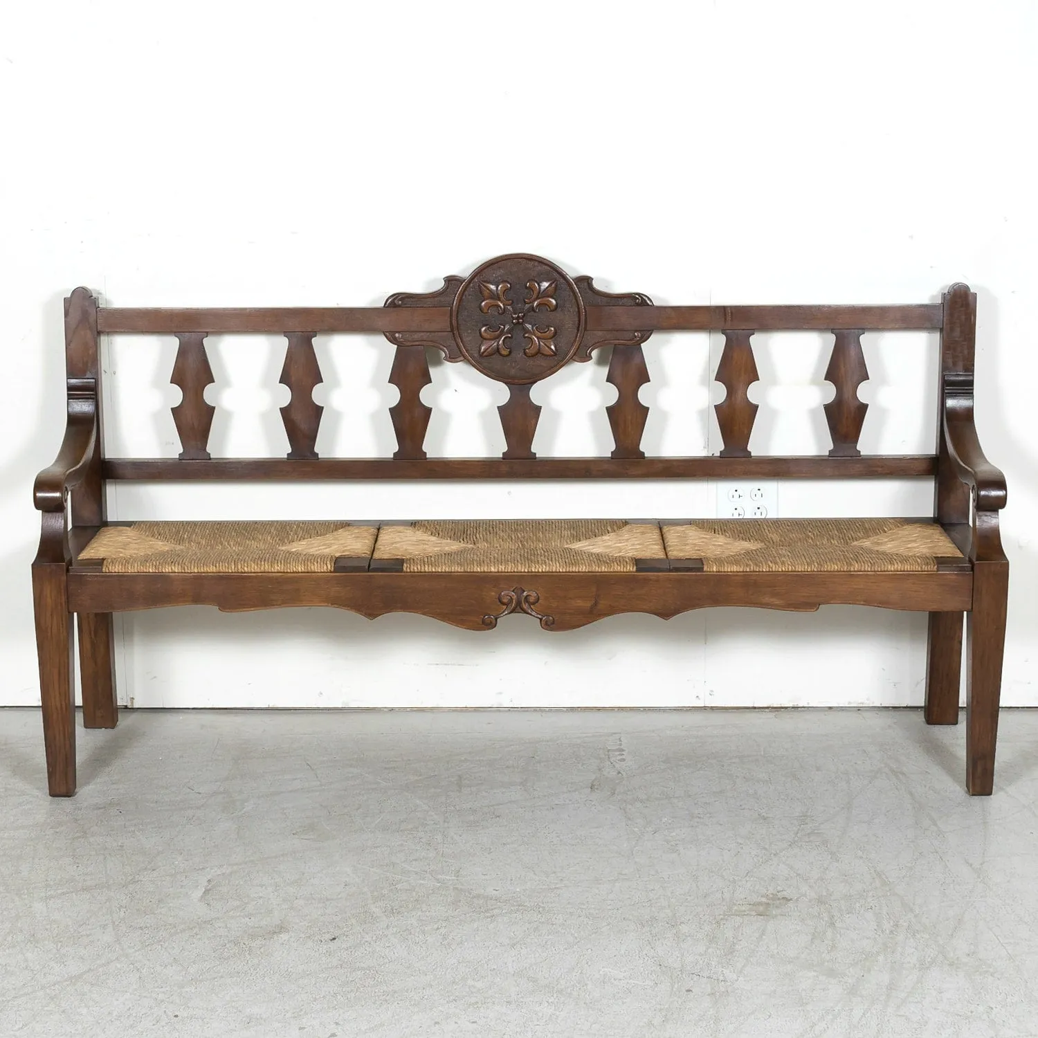 19th Century French Country Carved Oak Radassier or Hall Bench with Rush Seat