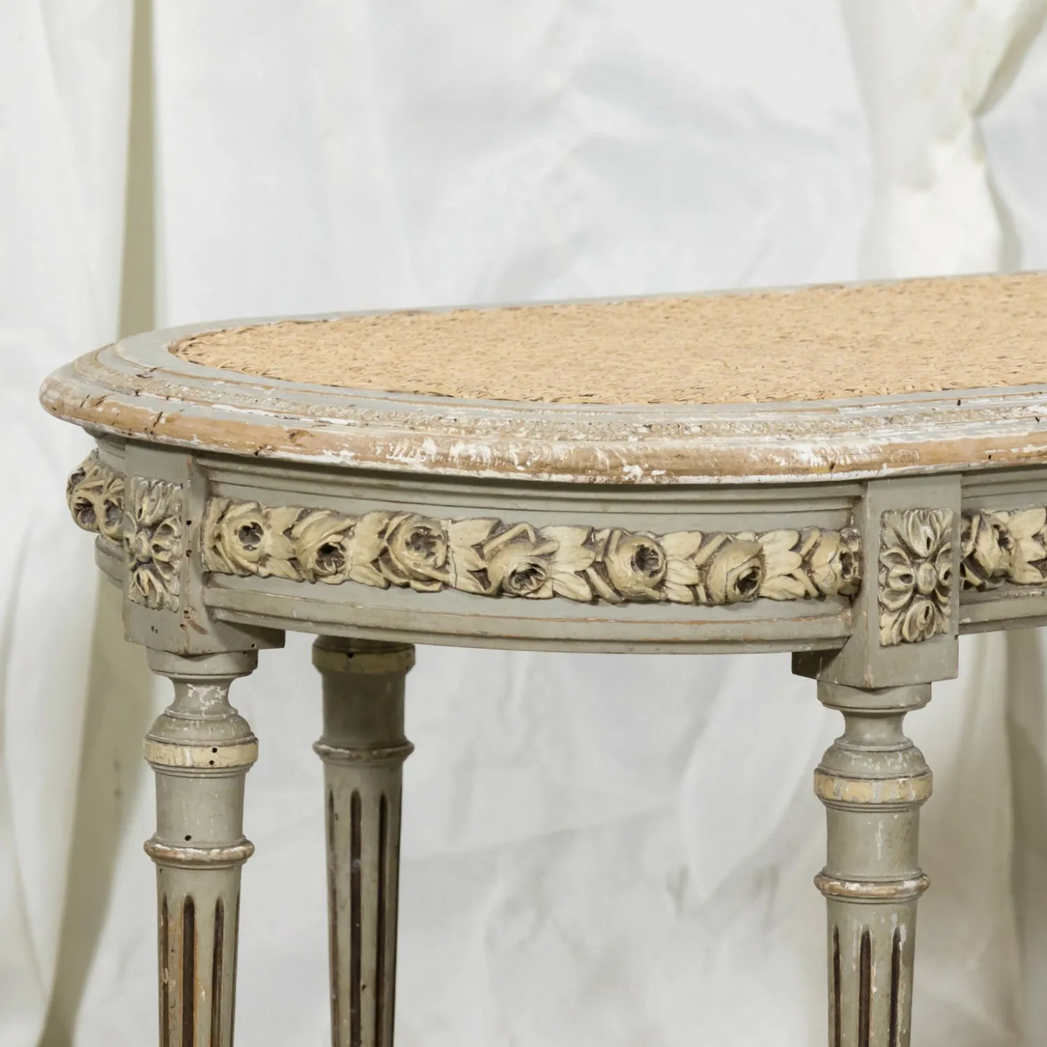 19th Century French Louis XVI Style Carved and Painted Oval Cane Bench