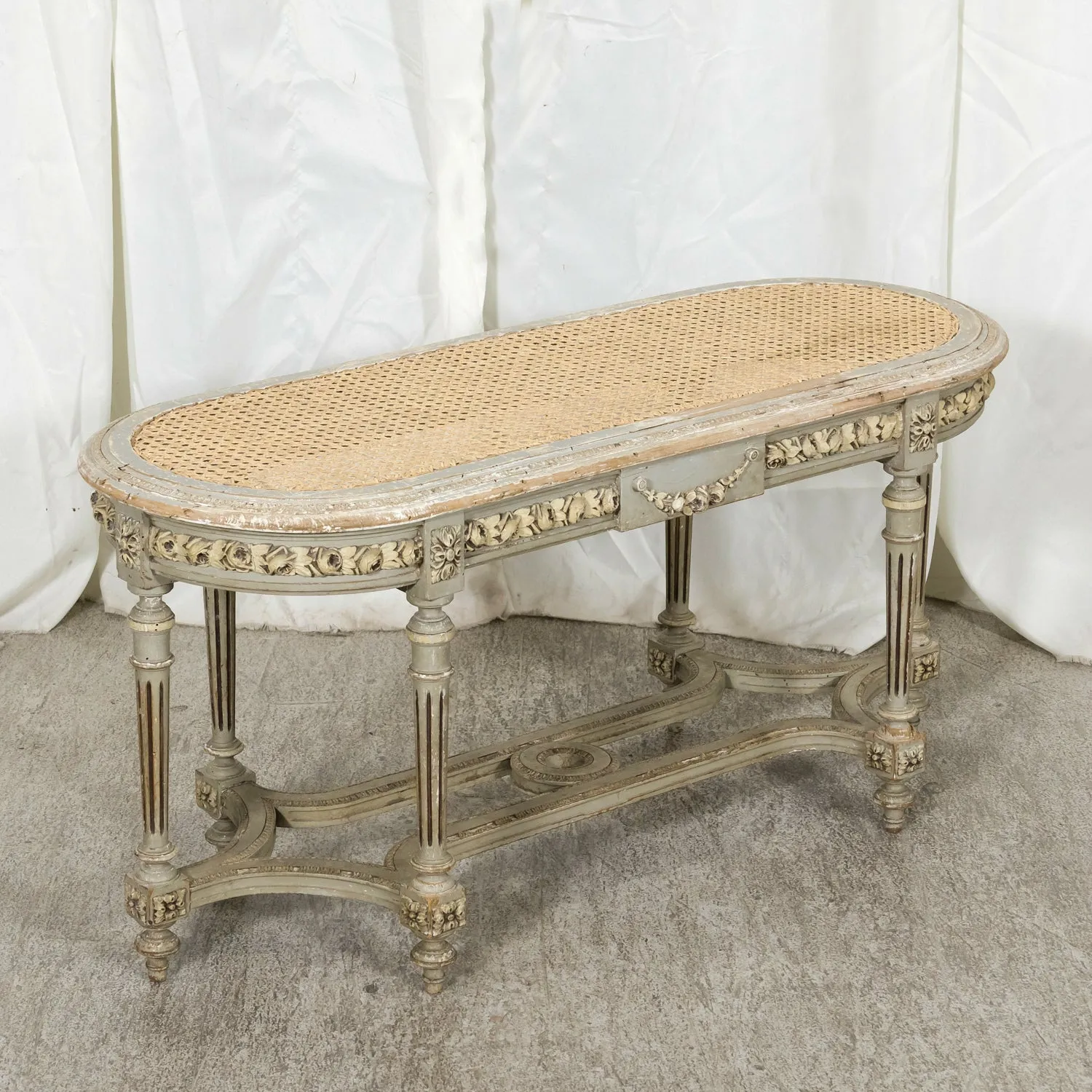 19th Century French Louis XVI Style Carved and Painted Oval Cane Bench