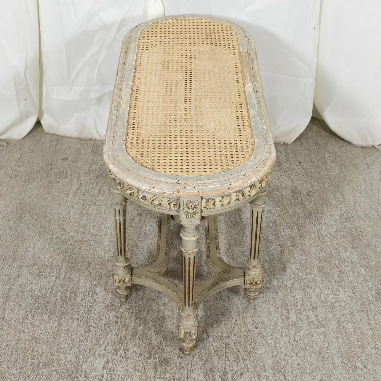 19th Century French Louis XVI Style Carved and Painted Oval Cane Bench