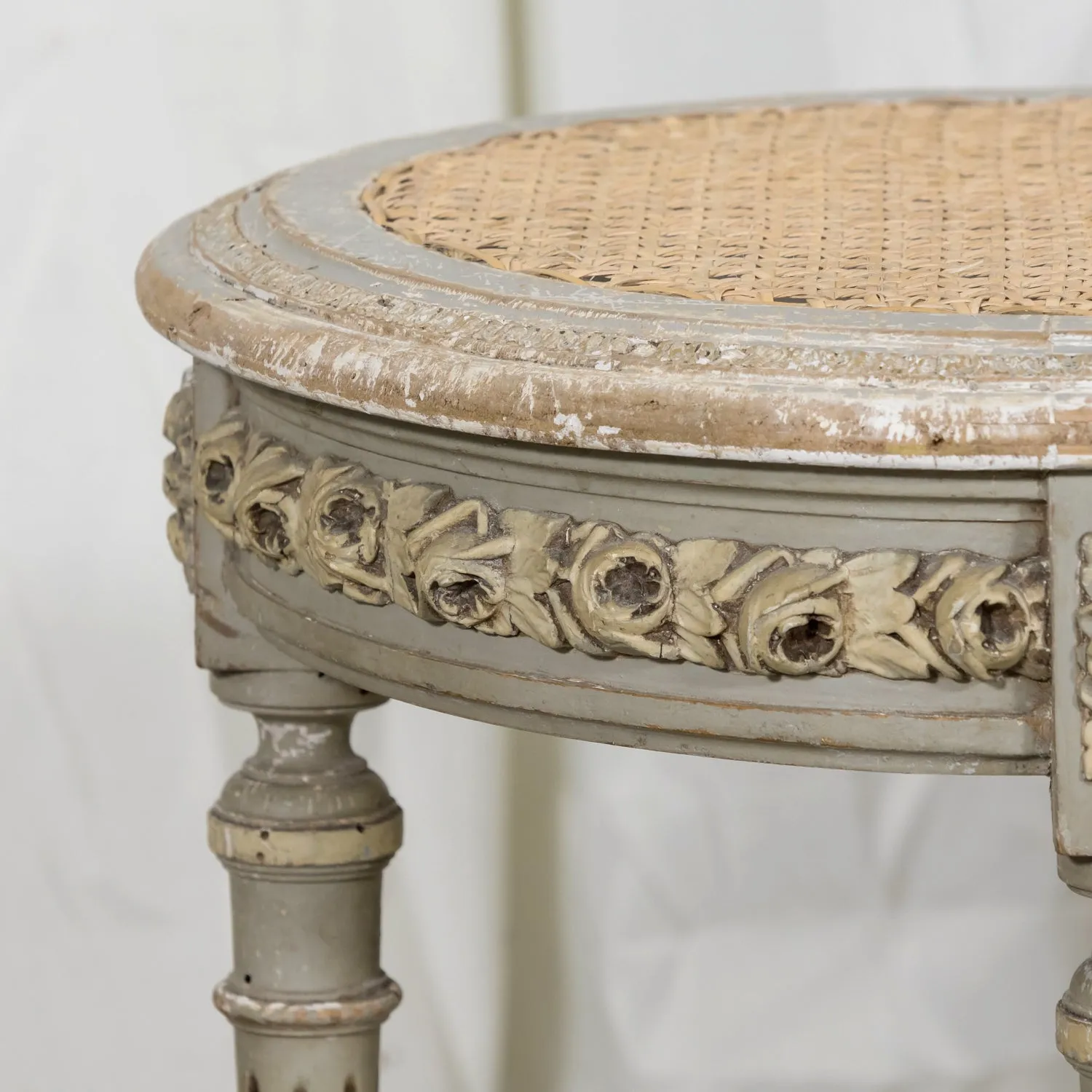 19th Century French Louis XVI Style Carved and Painted Oval Cane Bench