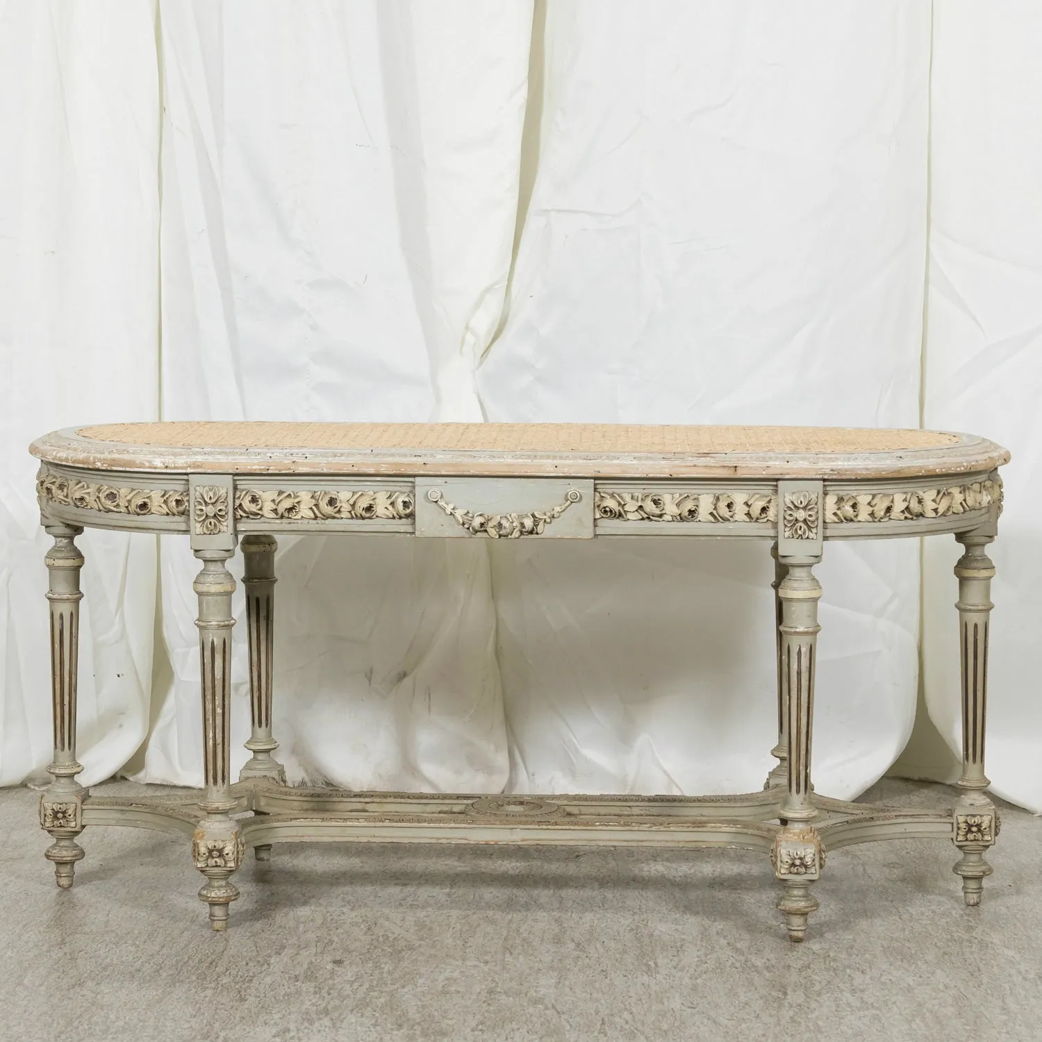 19th Century French Louis XVI Style Carved and Painted Oval Cane Bench