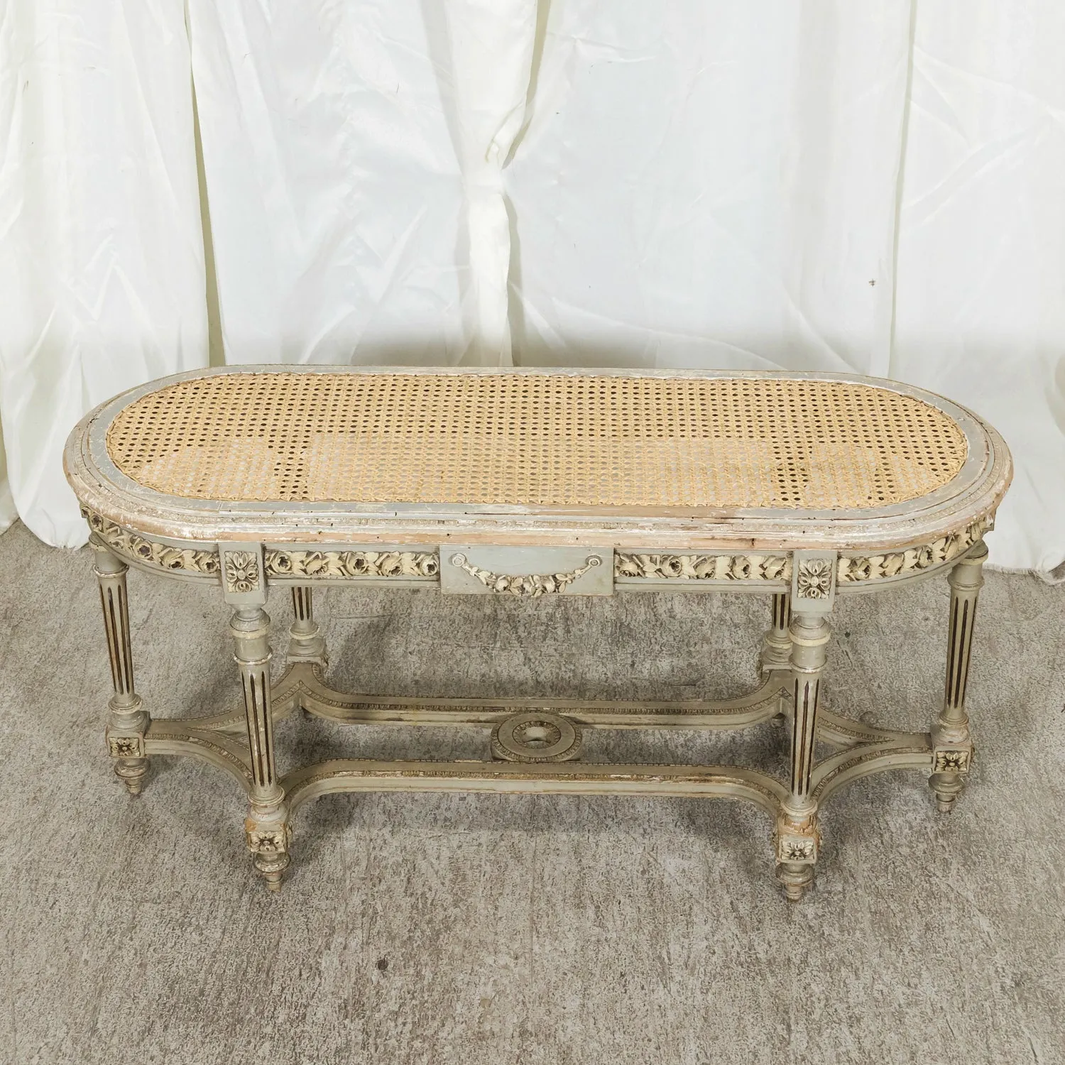 19th Century French Louis XVI Style Carved and Painted Oval Cane Bench