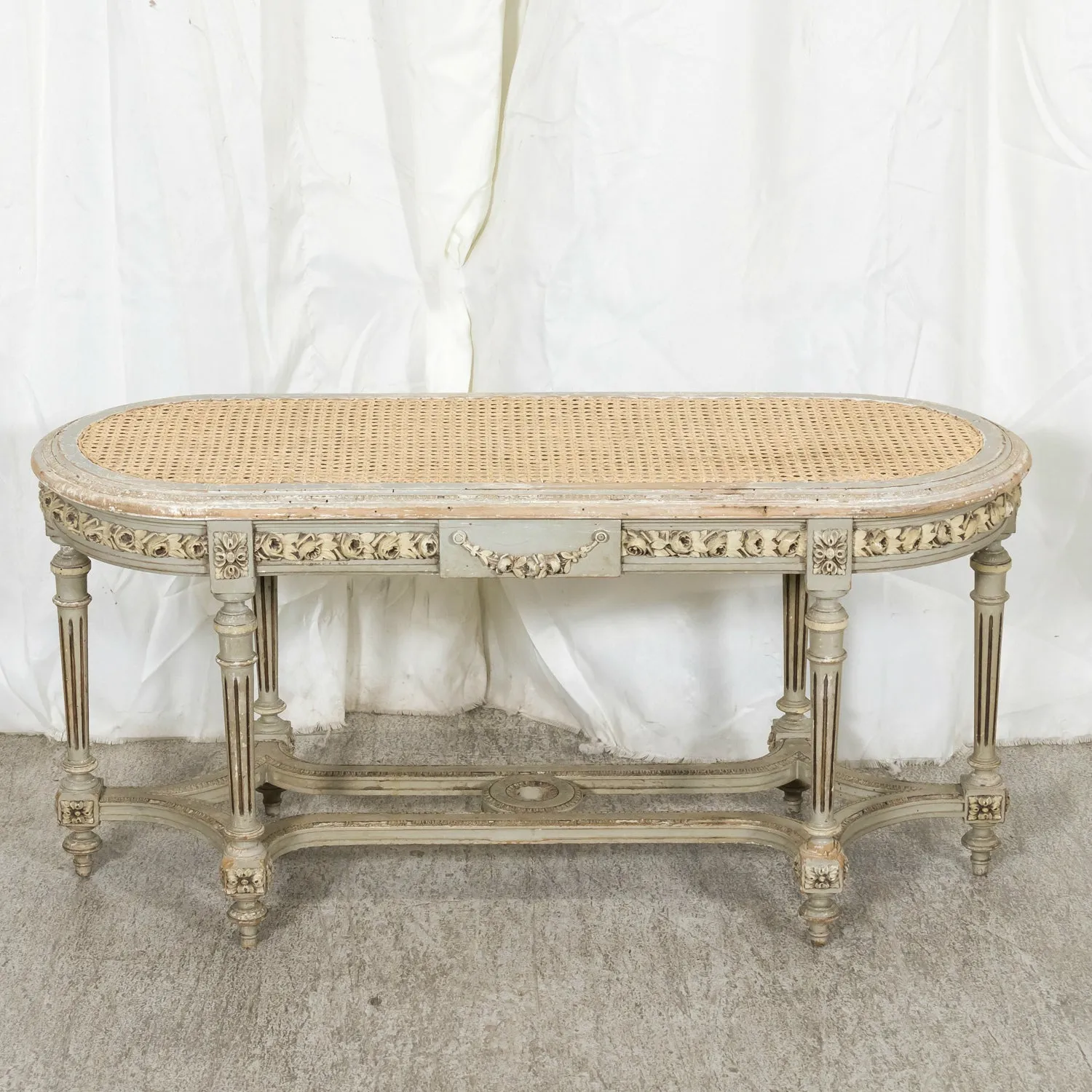 19th Century French Louis XVI Style Carved and Painted Oval Cane Bench