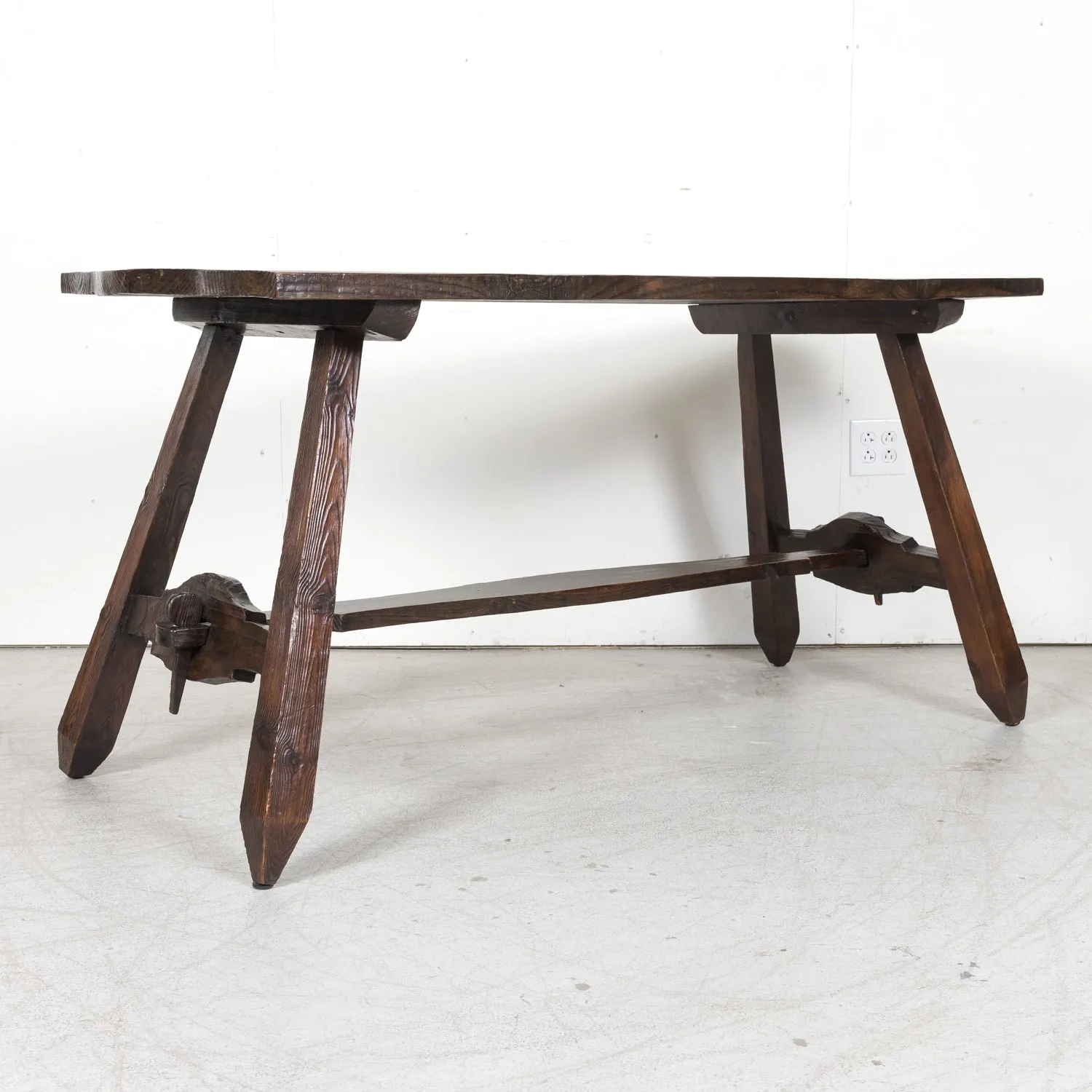 19th Century Spanish Catalan Pine Side Table with Stretcher