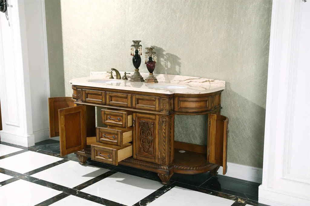 71" Deminlune Double Sink Bath Vanity in Antique Walnut with Marble Top