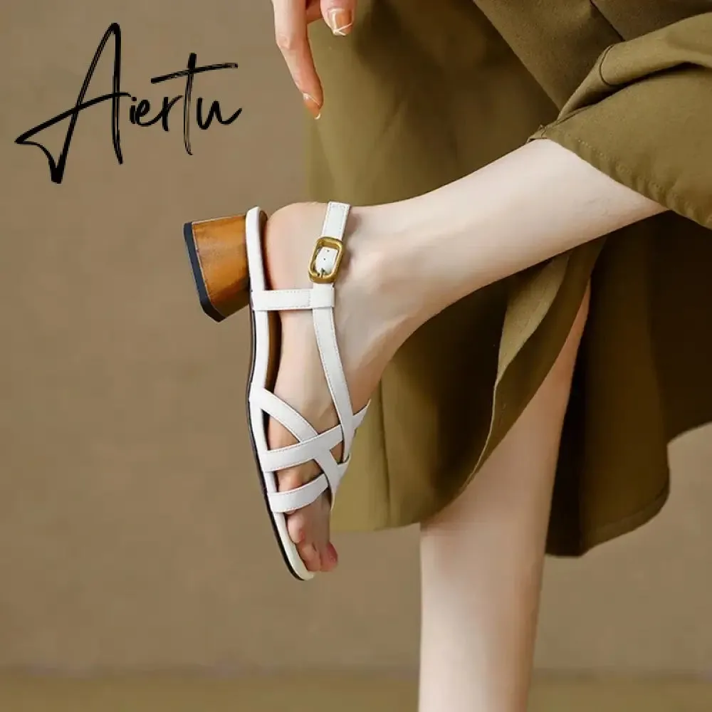 Aiertu Summer Women Shoes Open Toe Chunky Heel Women Sandals Split Leather High Heels Narrow Band Shoes Handmade Shoes for Women