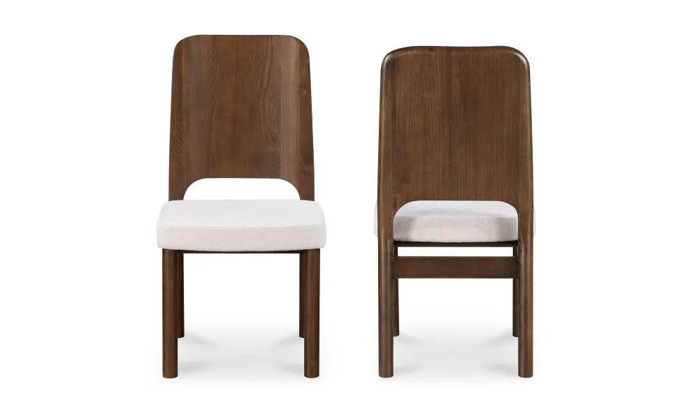 Beige Performance Fabric & Brown Solid Ash Wood Curved Back Armless Dining Chair (Set of Two)