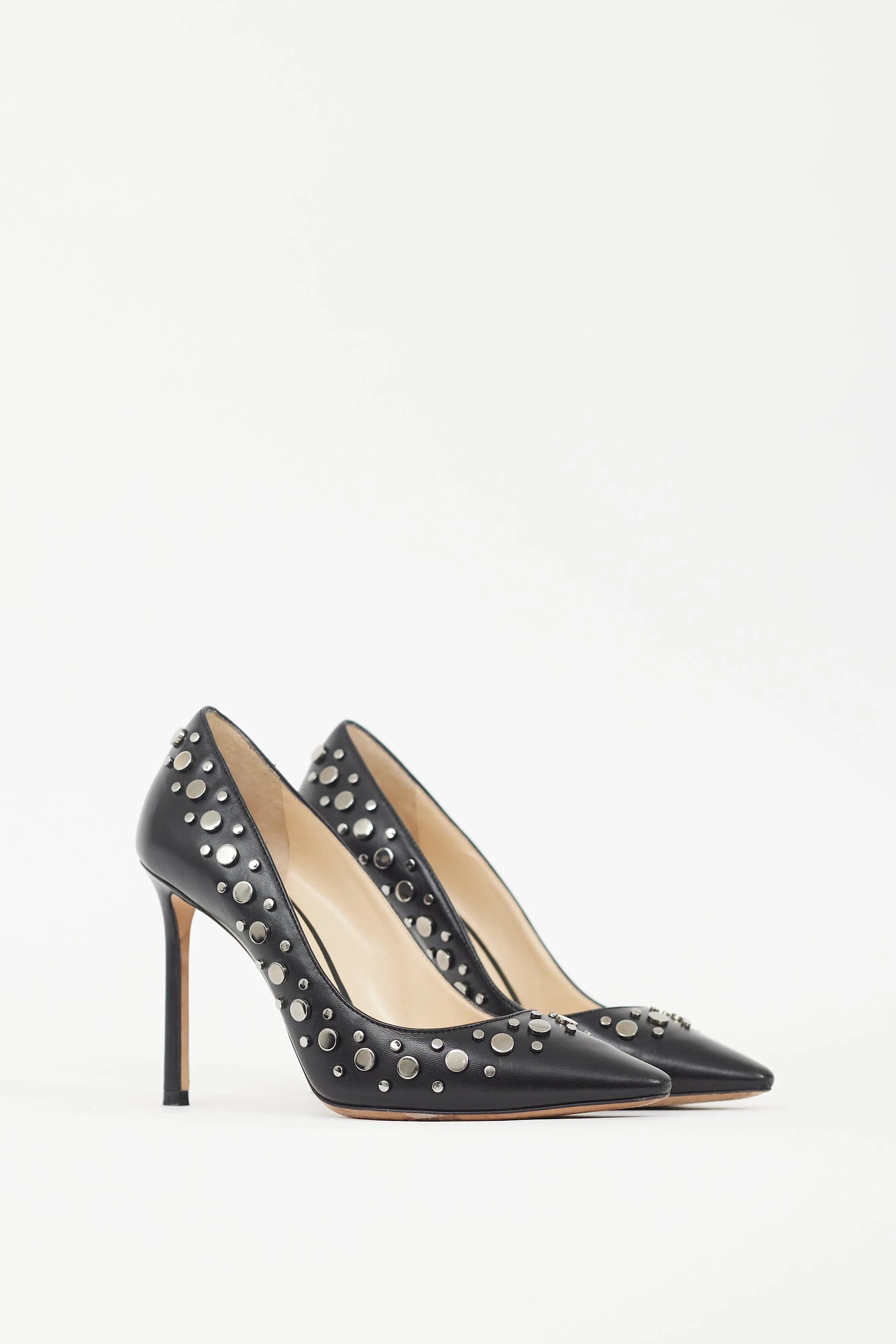 Black & Silver Leather Romy 100 Studded Heel