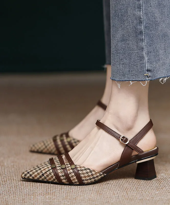 Brown Cotton Fabric Splicing Chunky High Heels Pointed Toe Buckle Strap AP1020