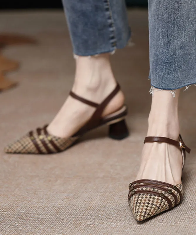 Brown Cotton Fabric Splicing Chunky High Heels Pointed Toe Buckle Strap AP1020