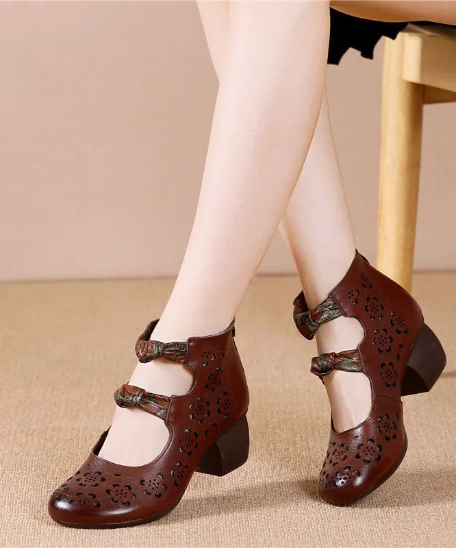 Brown High Heels Chunky Cowhide Leather Vintage Hollow Out High Heels