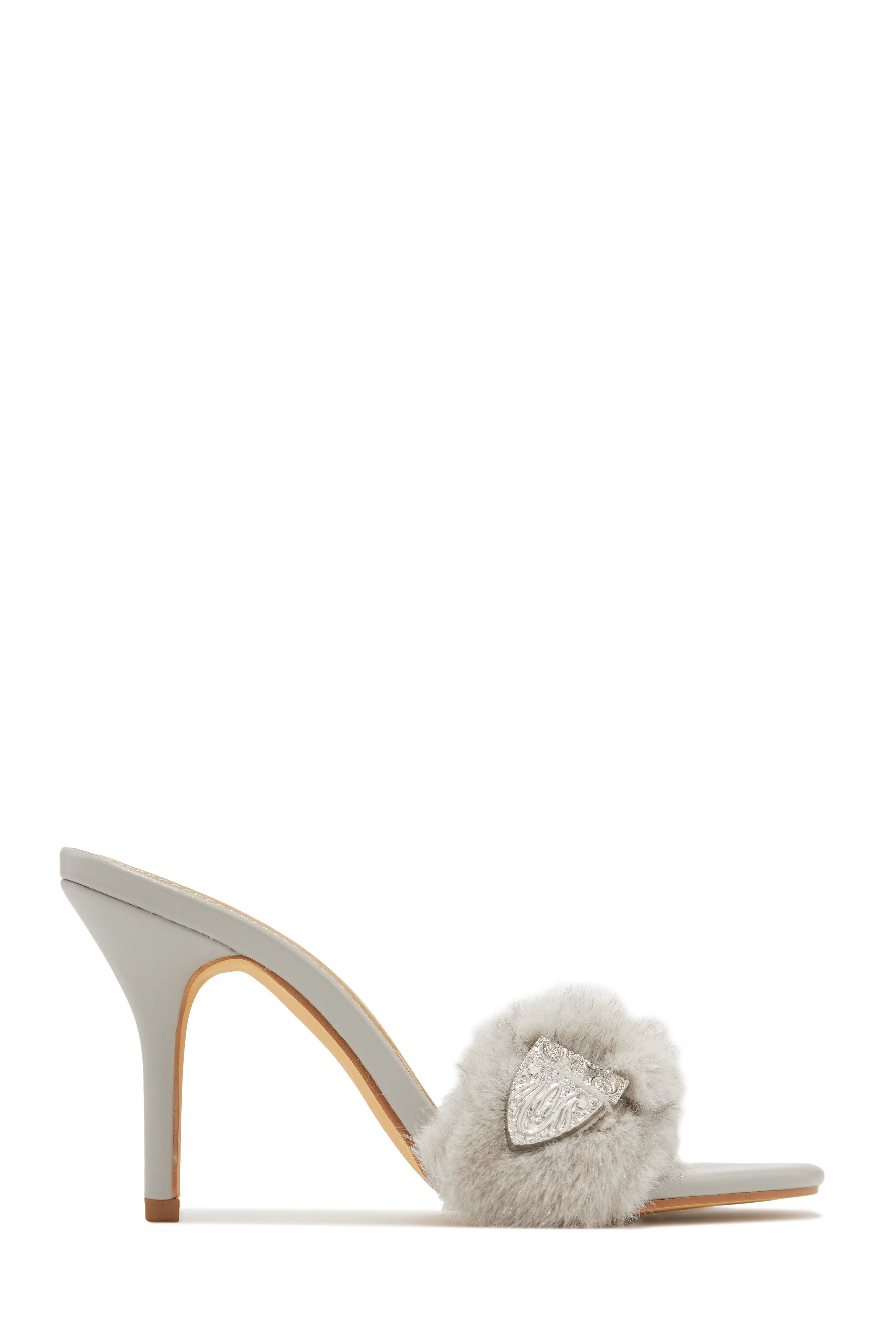 Cold Heart Faux Fur Strap High Heel Mules - Grey