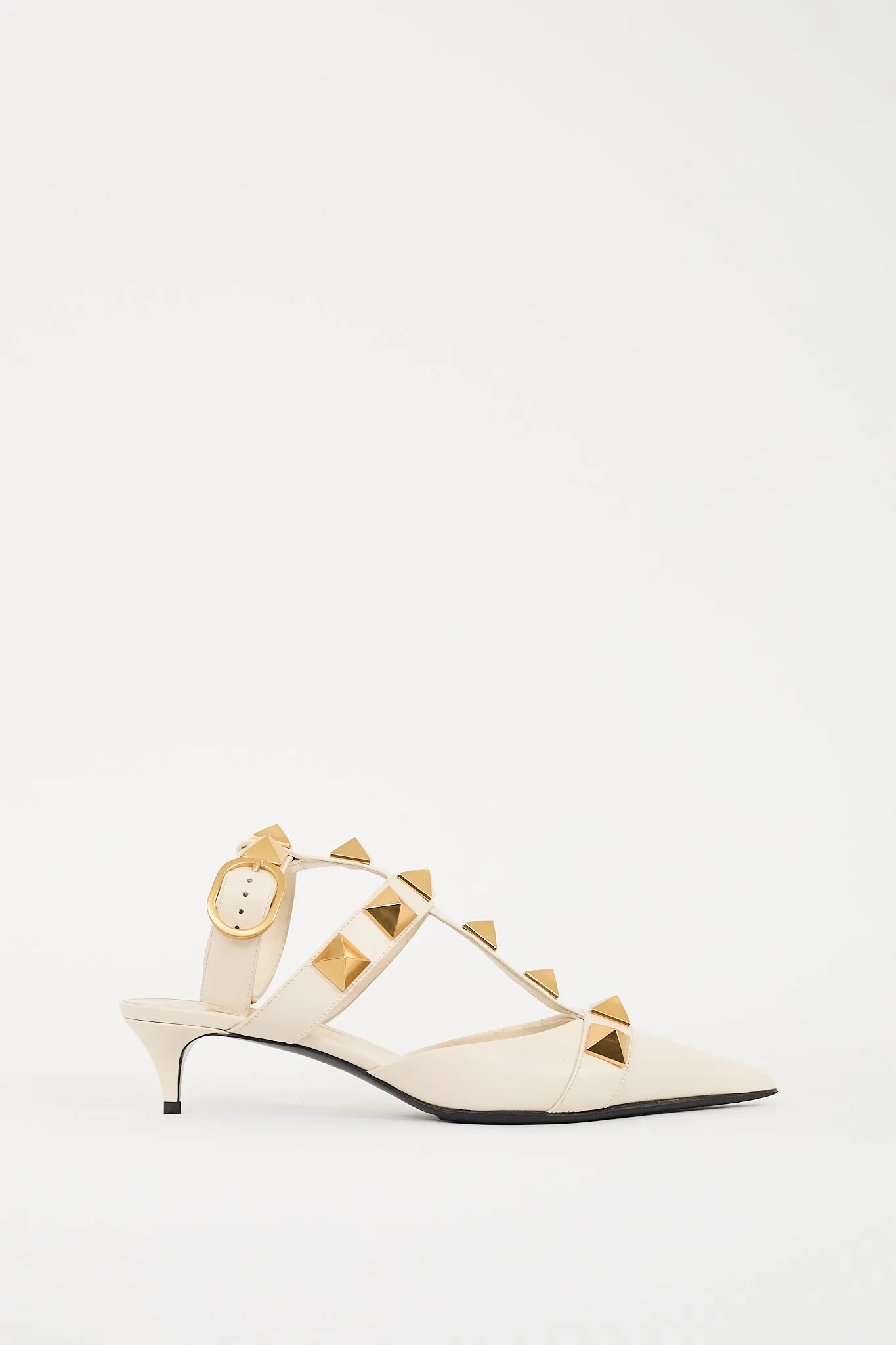 Cream & Gold Leather Roman Stud Low Heel