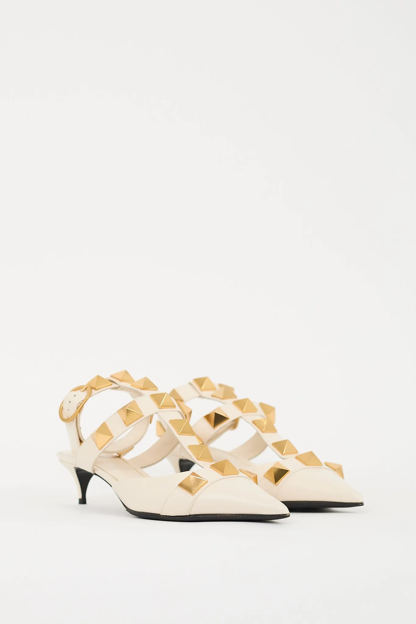 Cream & Gold Leather Roman Stud Low Heel