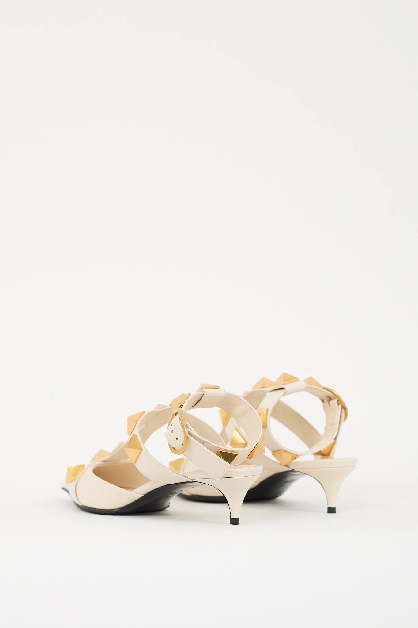 Cream & Gold Leather Roman Stud Low Heel