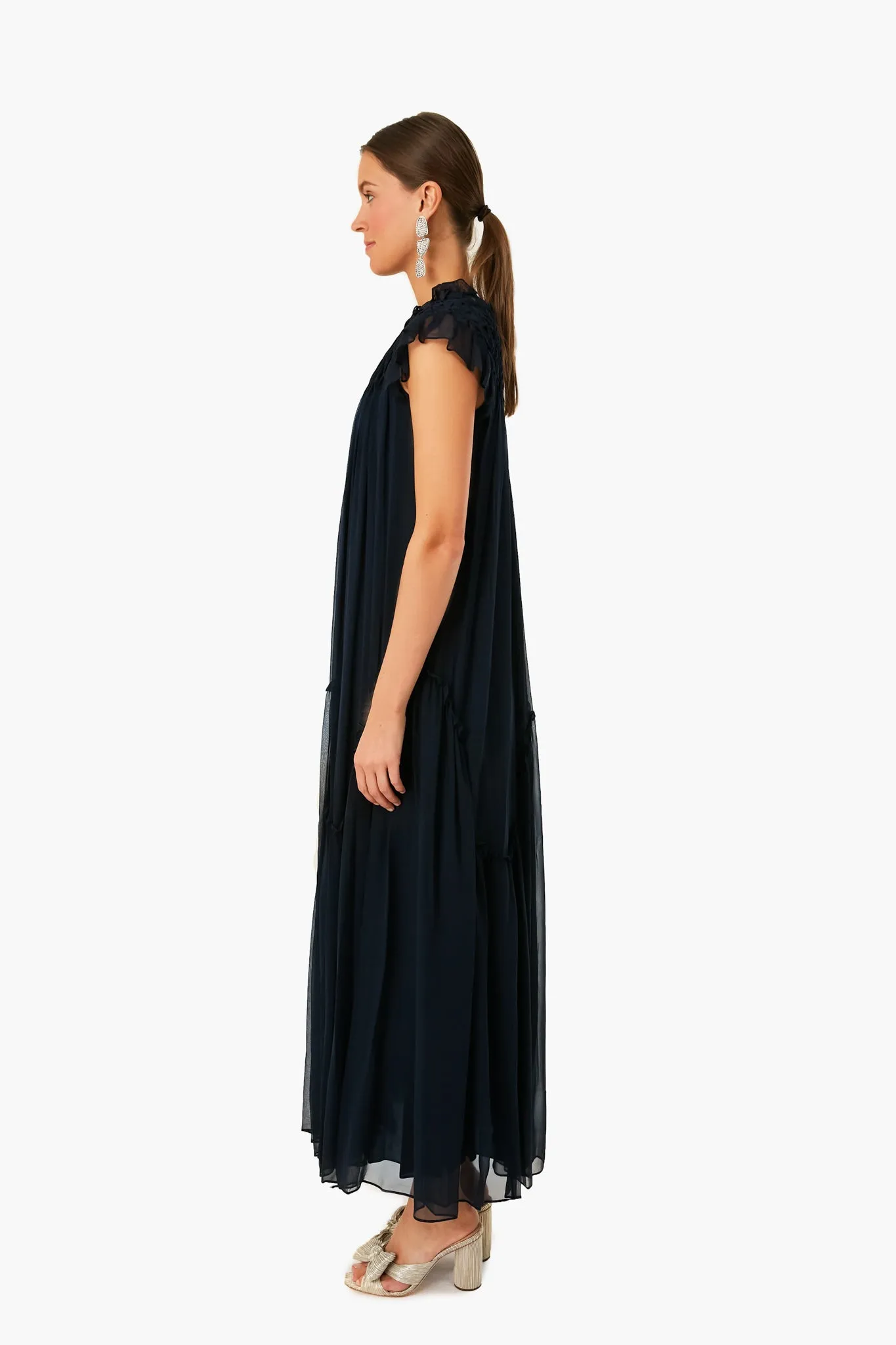 Dark Navy Smocked Chiffon Dress