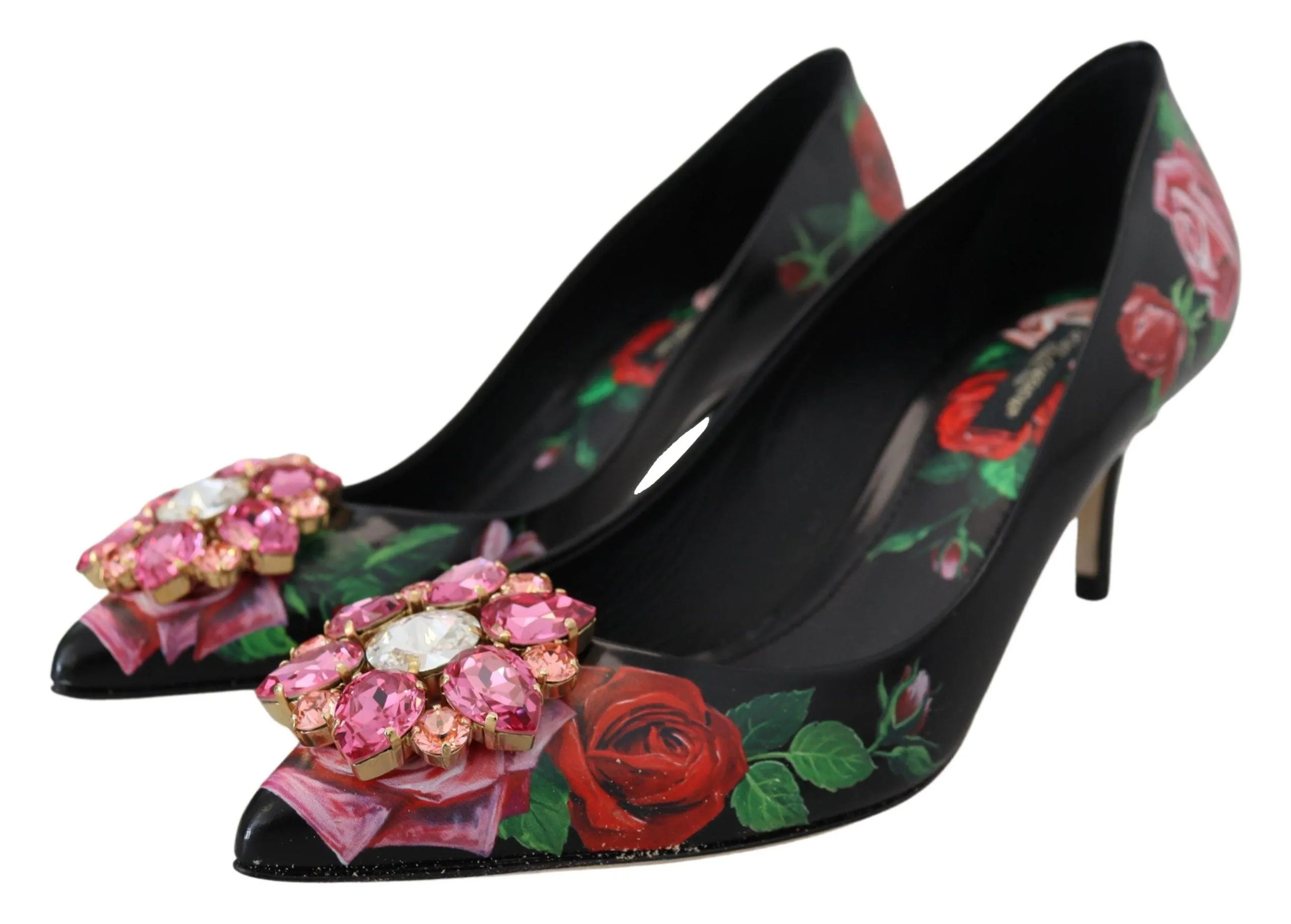 Dolce & Gabbana Black Floral Print Crystal Heels Pumps Shoes