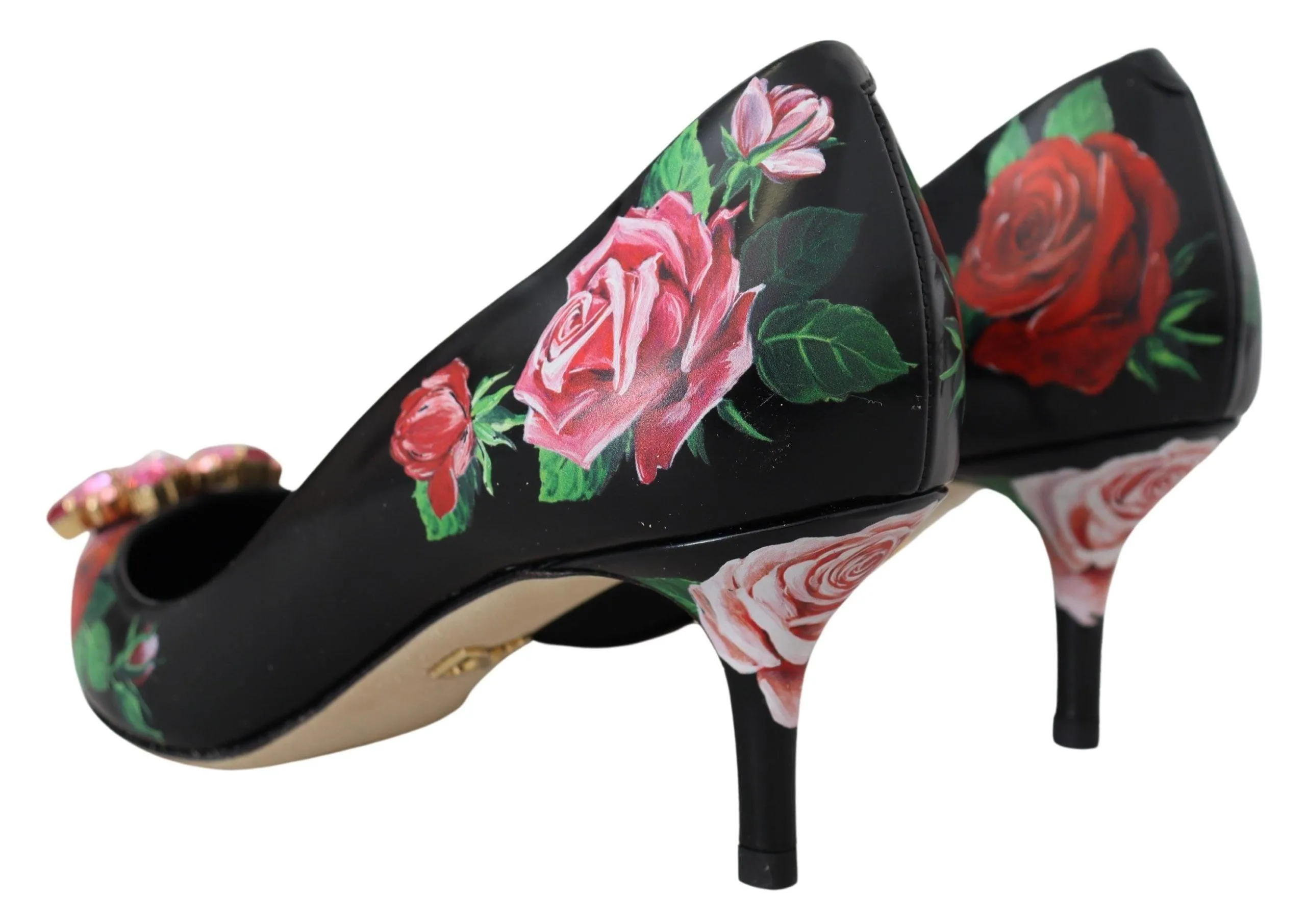 Dolce & Gabbana Black Floral Print Crystal Heels Pumps Shoes