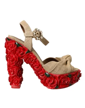 Dolce & Gabbana Red Roses Crystal Platform Sandals Shoes