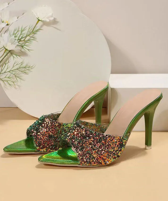 Fashion Green Sequins Splicing Stiletto High Heels Slide Sandals DD1040