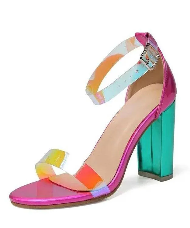 Fine Buckle Strap Splicing Chunky High Heels Sandals For Women Colorblock Faux Leather LY4303