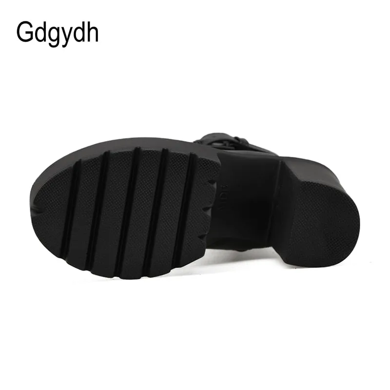 Gdgydh Fashion Motorcycle Boots Women Leather Spring Autumn Metal Buckle High Heels Shoes Zipper Black Ankle Boots Woman Lacing