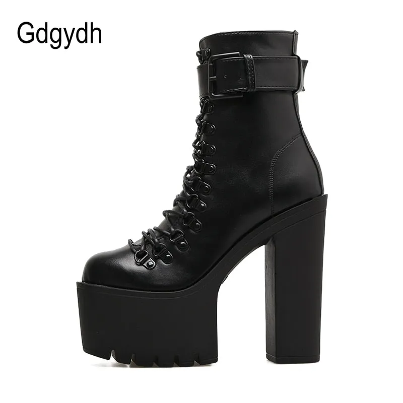 Gdgydh Fashion Motorcycle Boots Women Leather Spring Autumn Metal Buckle High Heels Shoes Zipper Black Ankle Boots Woman Lacing