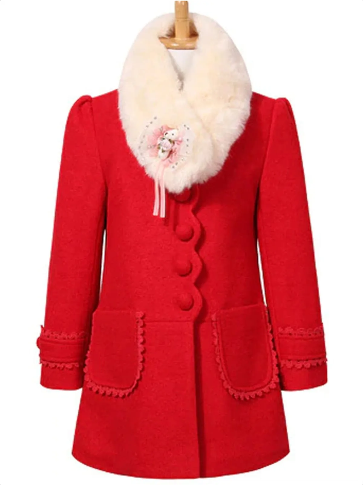 Girls Scalloped Lace Trimmed Fall Coat with Faux Fur Collar (Pink And Red)