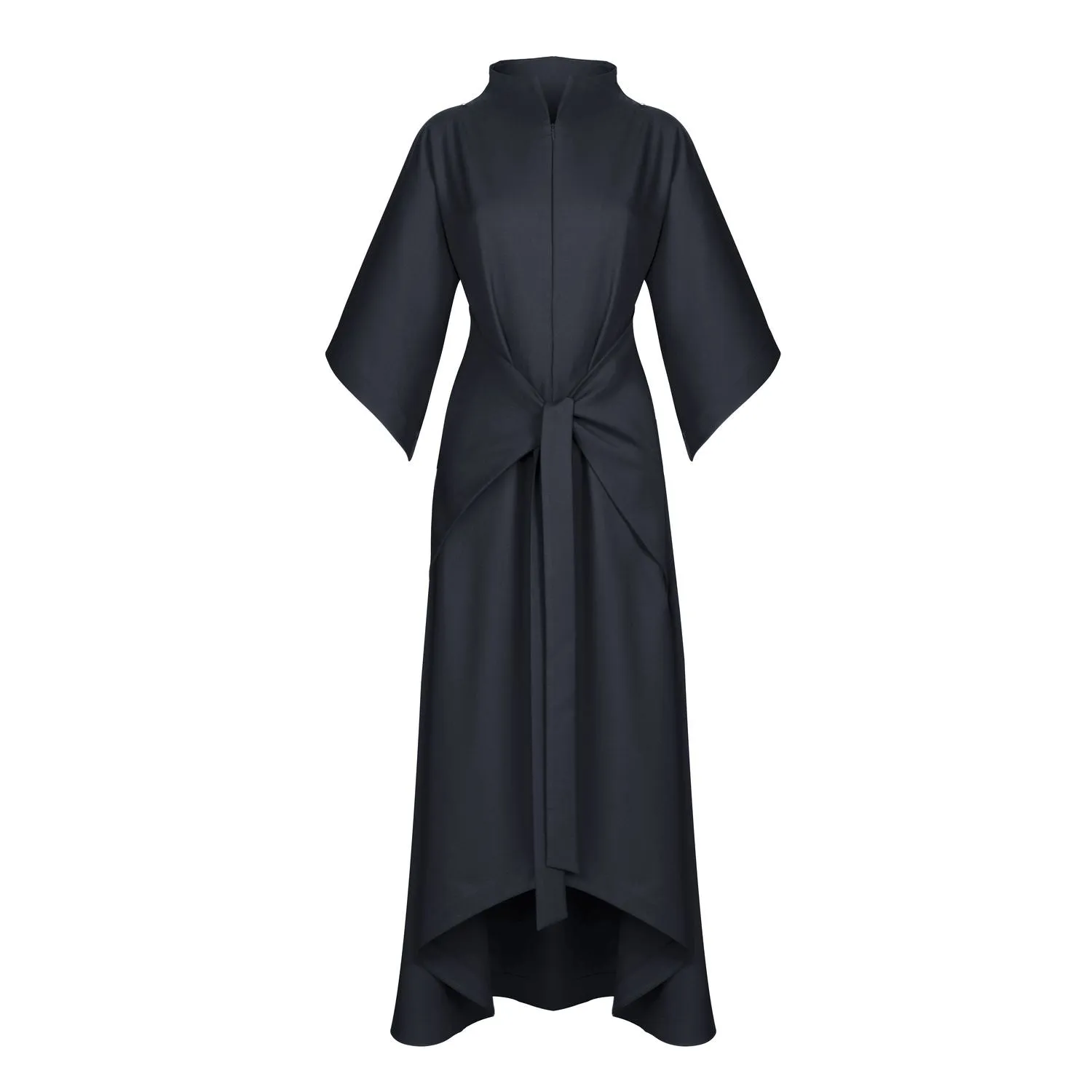 Gray Kimono Sleeve High Neck Asymmetrical Belted Futuristic Maxi Dress