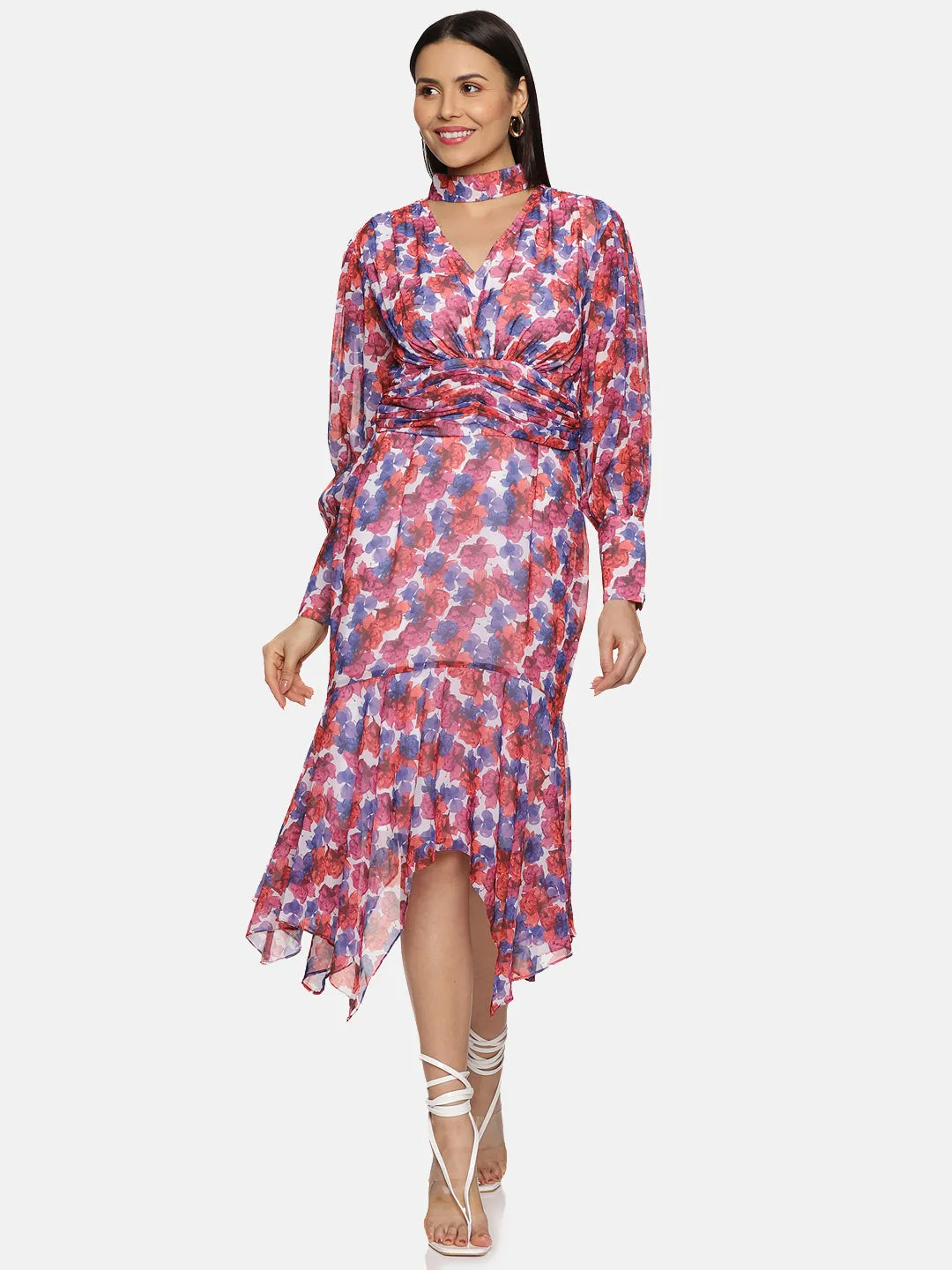 IS.U Floral Muticolor High Neck Fit And Flare Dress