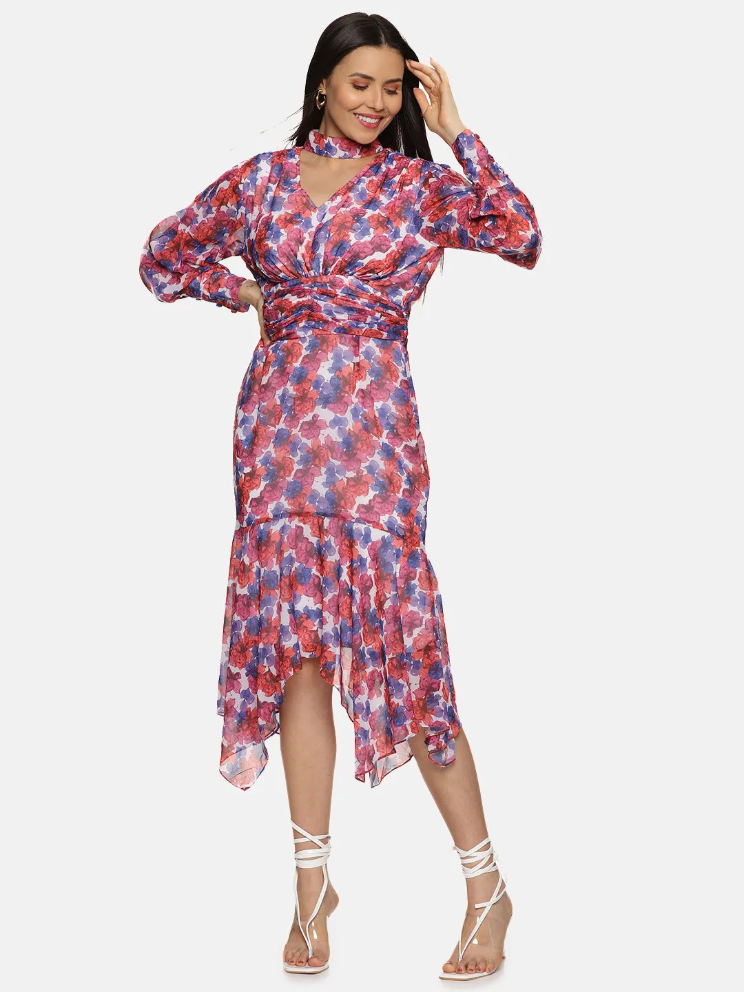 IS.U Floral Muticolor High Neck Fit And Flare Dress