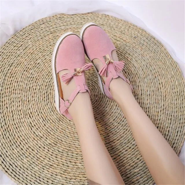 JIANBUDAN Tassel Top Closed Toe Heel Buckle Strap Sandal Shoes