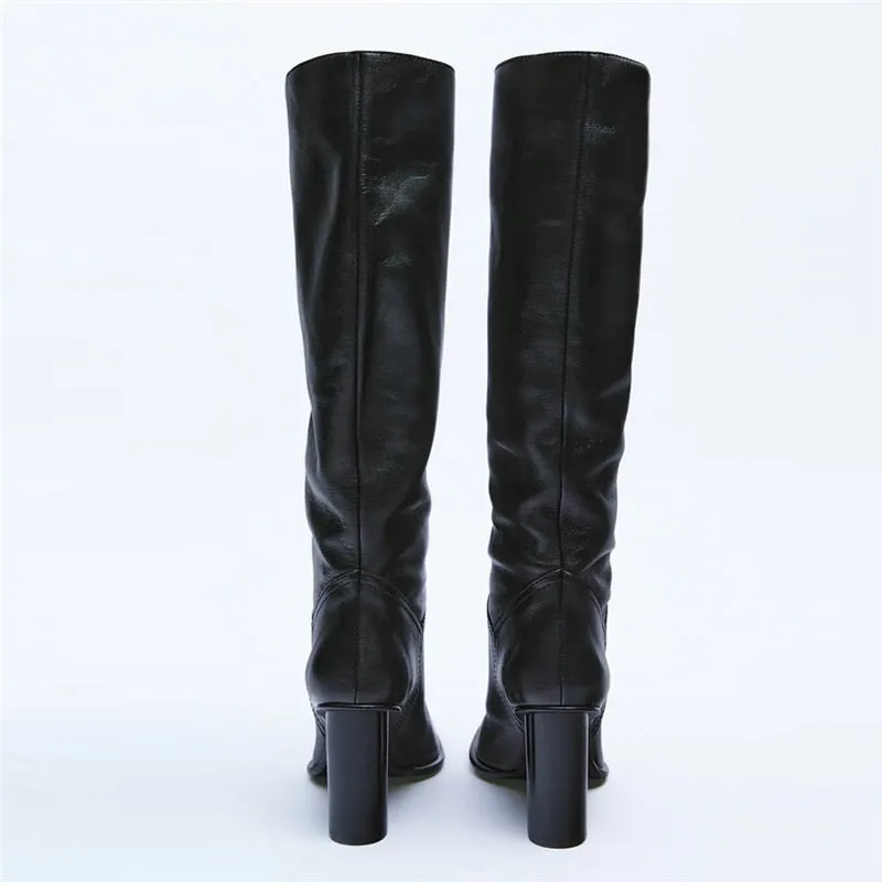 Knee High Boots Leather High Heels