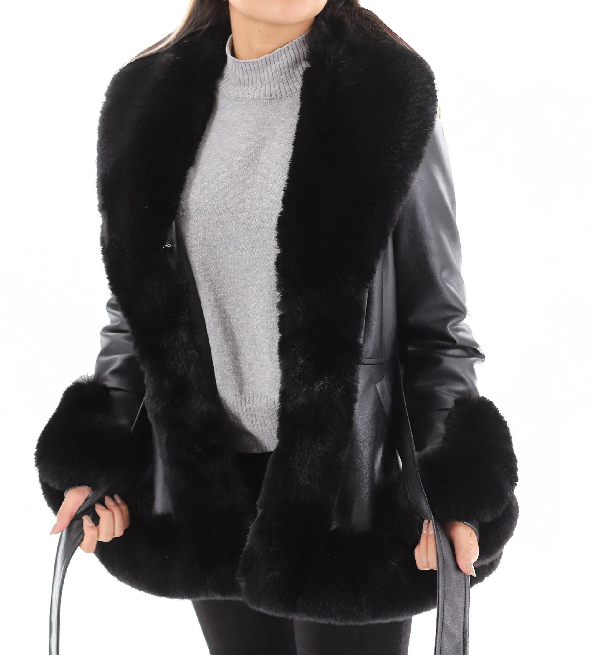 La Fiorentina - Belted Faux Fur-Trimmed Jacket - Black