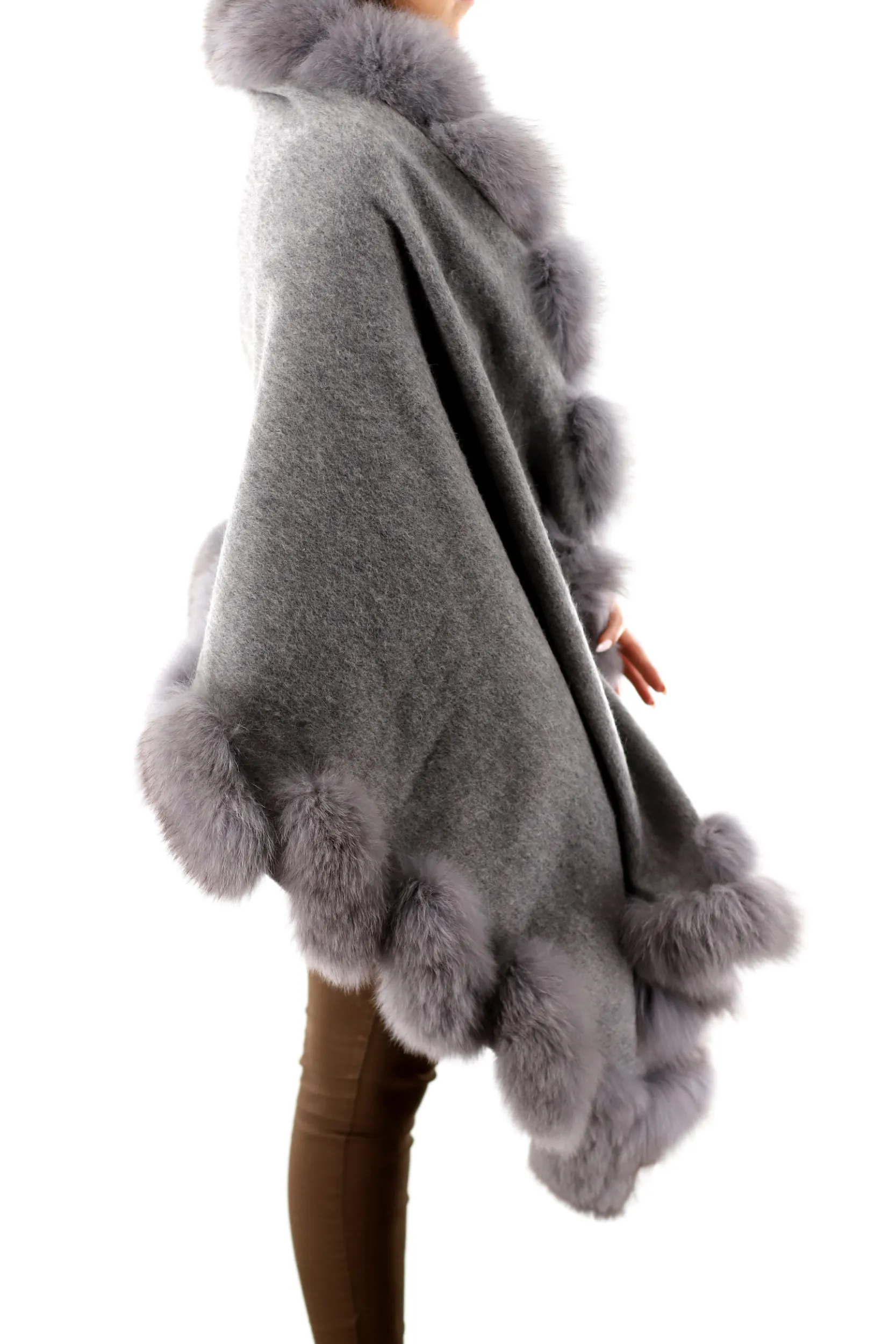 La Fiorentina Plush Fox Trimmed Wrap - Grey