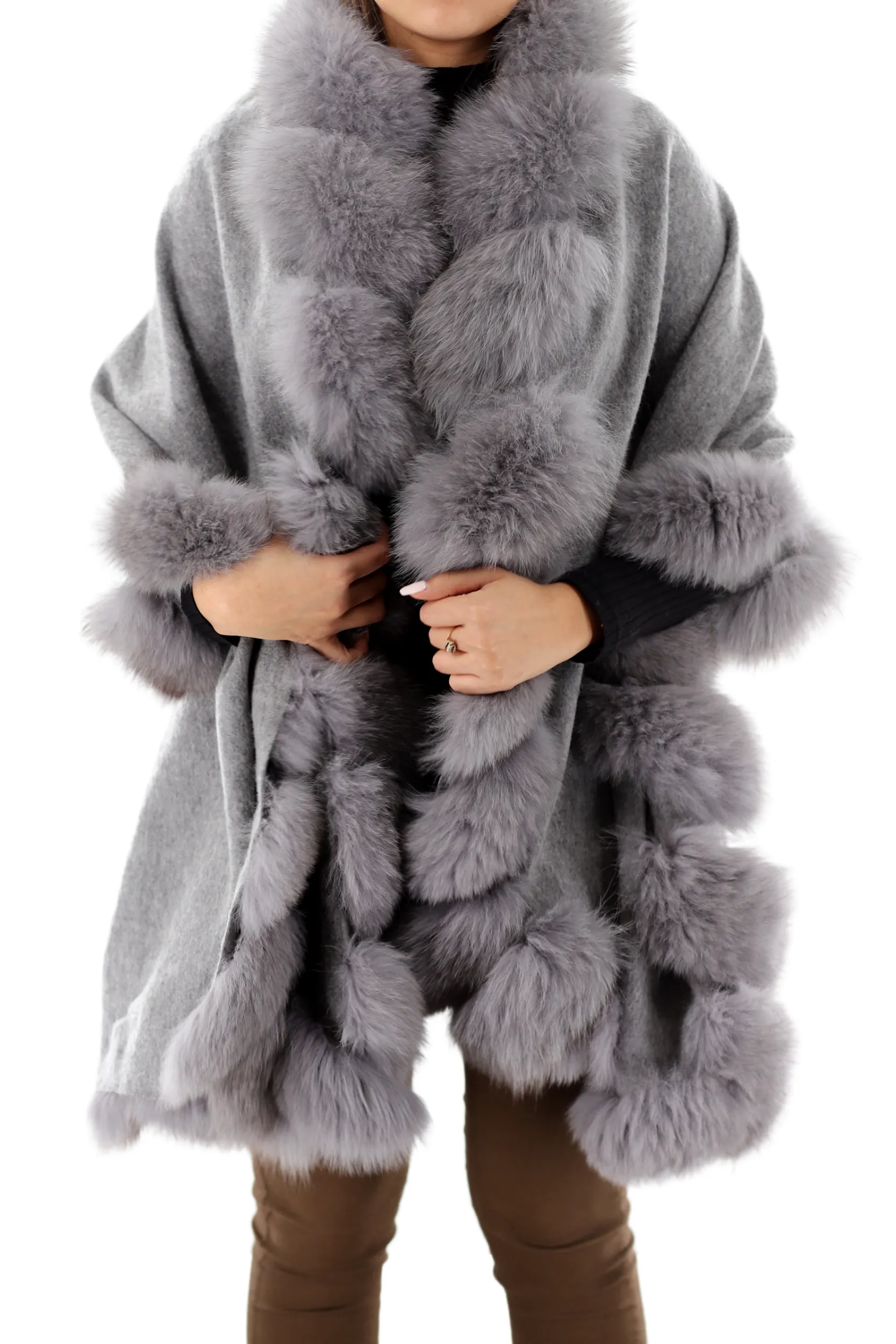 La Fiorentina Plush Fox Trimmed Wrap - Grey