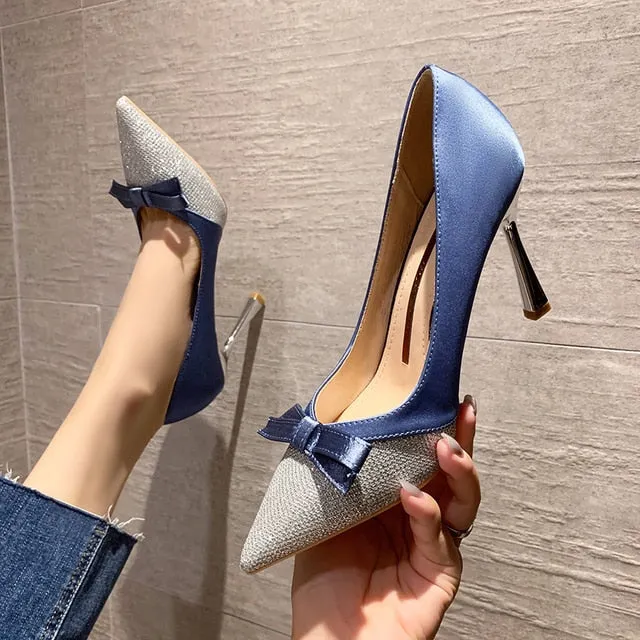 Ladies High Heels Shoes Bow Sequins Women's Pumps Elegant Pointed Heel Shoes Women's Gold-Plated Heel Evening Dress for Wedding