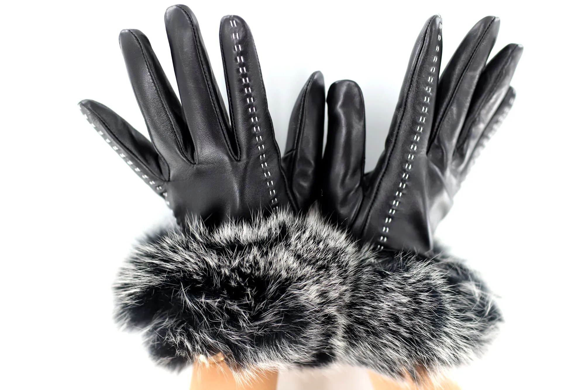 Leather Gloves with Fox Fur Trim / Stitch Detail