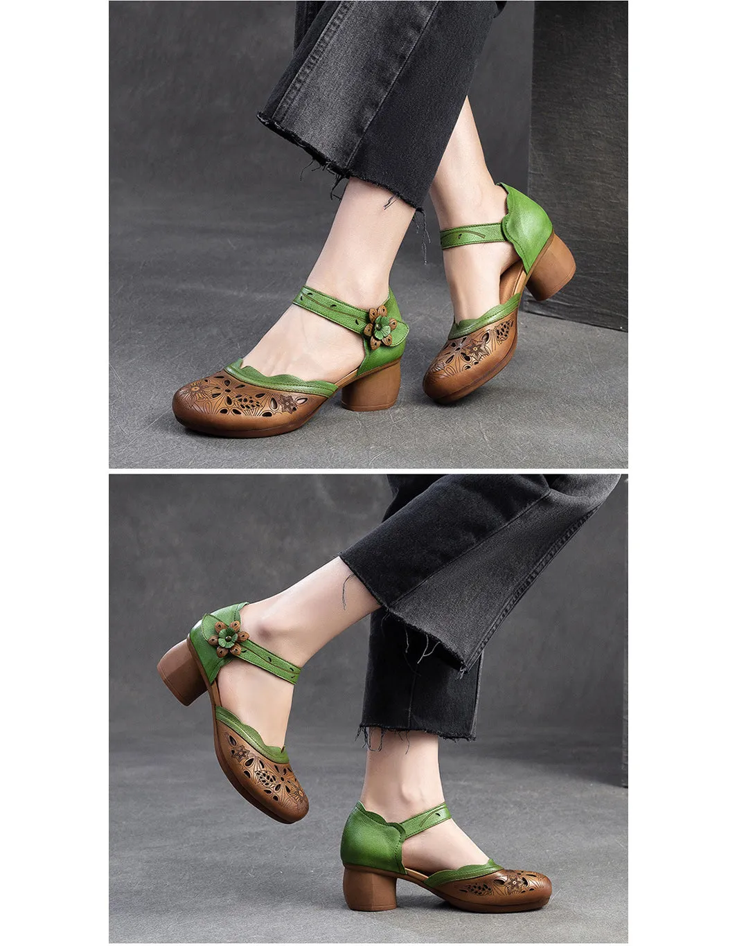 Leather Hand-Carved Flowers Hollow Chunky Heel Sandals