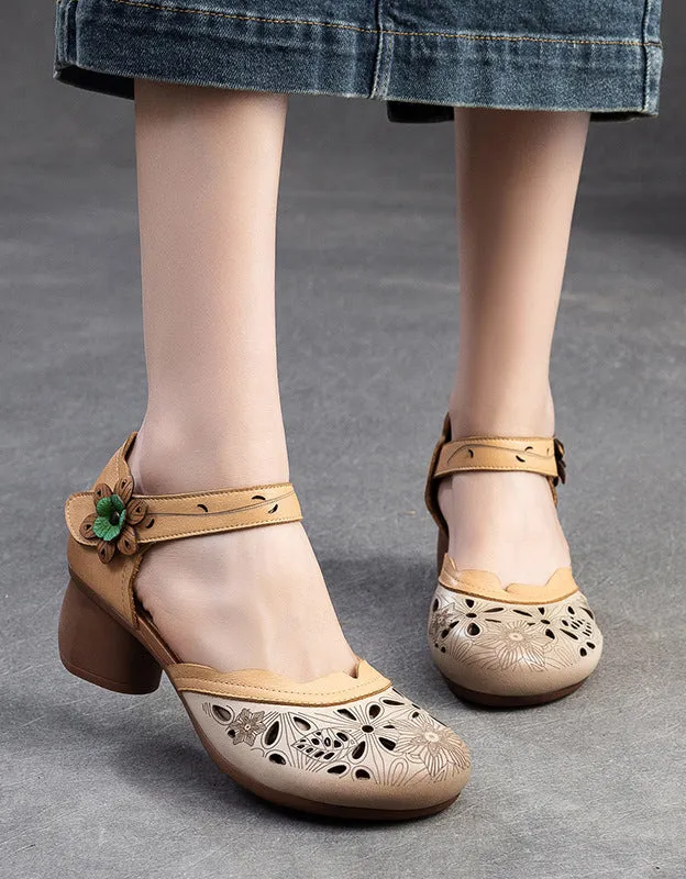 Leather Hand-Carved Flowers Hollow Chunky Heel Sandals