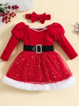 Little Miss Claus Puff Sleeve Red Christmas Dress