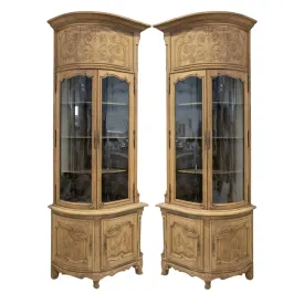 Monumental Pair of 19th Century Louis XV Style Bleached Oak Glass Door Chateau Encoignures or Corner Cabinets