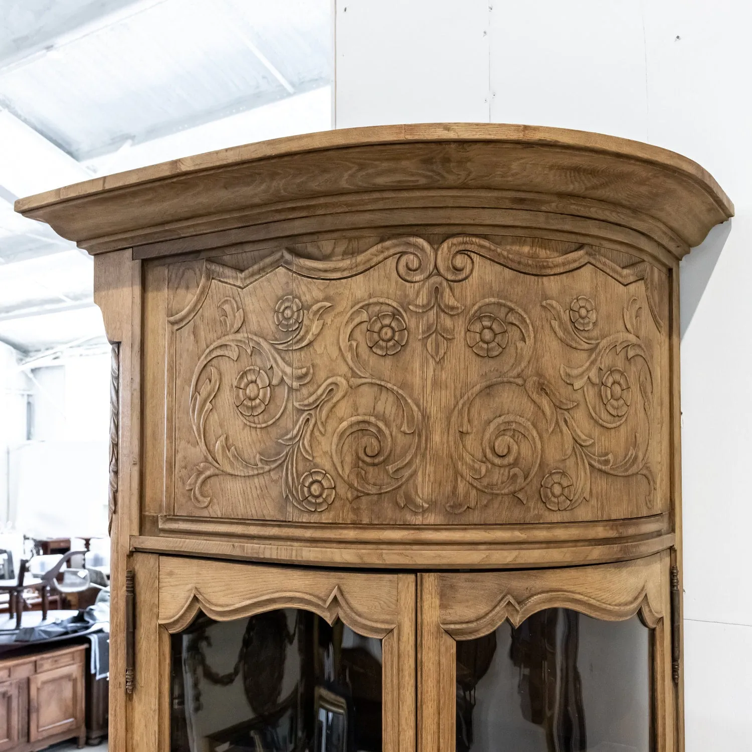 Monumental Pair of 19th Century Louis XV Style Bleached Oak Glass Door Chateau Encoignures or Corner Cabinets