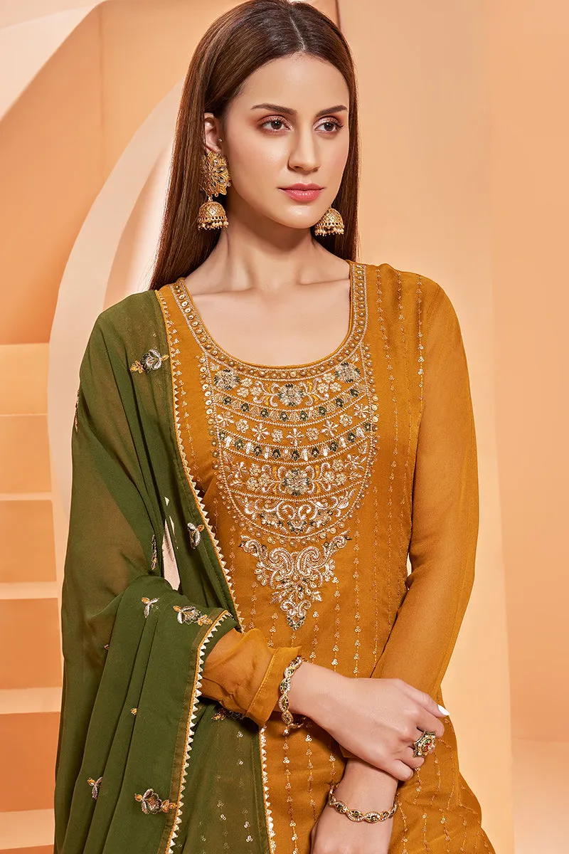 Mustard Designer Pakistani Style Sequins Sharara Suit